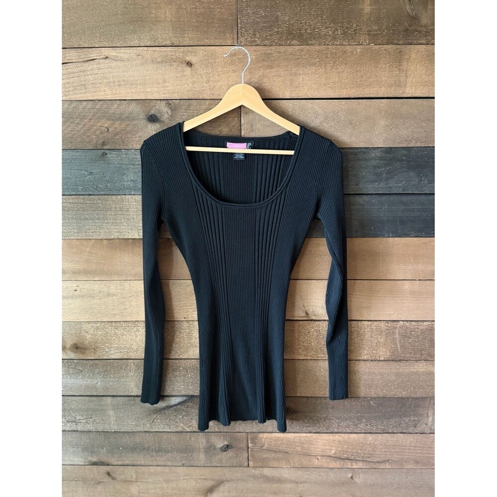 Vintage Y2K Ribbed Black Scoop Neck Top Minimalist Fitted Long Sleeve